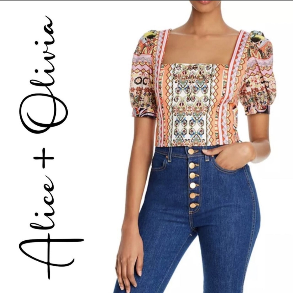 Alice + Olivia Margarite Tie Front Crop Top Blouse